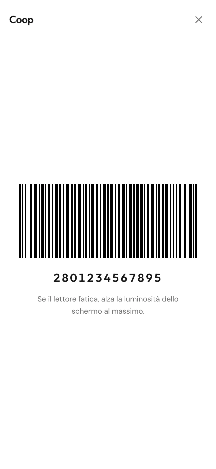 La carta fedeltà del supermercato a tutto schermo, con il codice a barre su fondo bianco